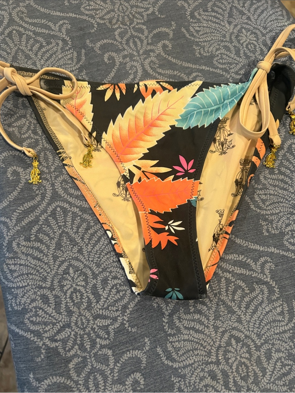 Christian Audigier Tropical Leaf Print Bikini Bottoms in Black, Orange, Teal